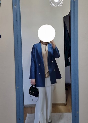Düğmeli Mavi Kadın Midi Blazer