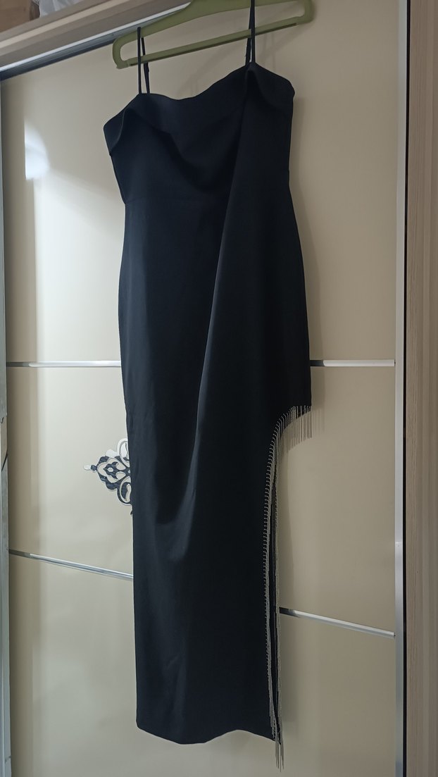 Siyah Drapeli Uzun Straplez Kadın Elbise - Görsel 5