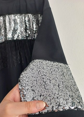 Püsküllü Uzun Kollu Siyah Bohem Tunik - Görsel 4