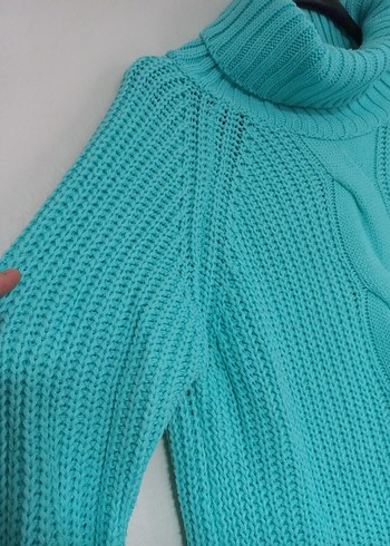 Turkuaz Bohem Uzun Kollu Balıkçı Yaka Örgü Kazak - Görsel 5