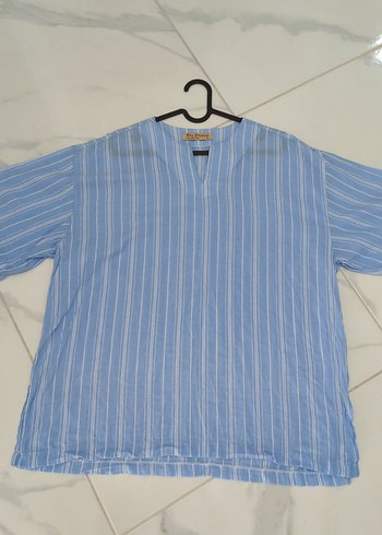 Mavi Keten V Yaka Kısa Kollu Erkek Gömlek - Görsel 2