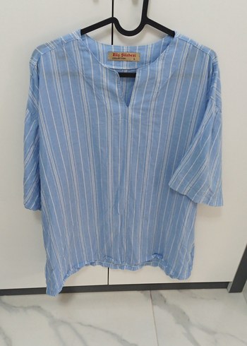 Mavi Keten V Yaka Kısa Kollu Erkek Gömlek - Görsel 5