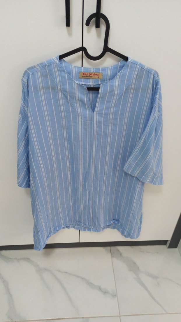 Mavi Keten V Yaka Kısa Kollu Erkek Gömlek - Görsel 5