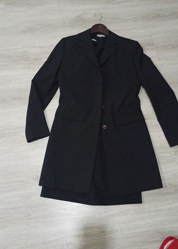 Düğmeli Siyah Kadın Uzun Ofis Ceketi - Görsel 2