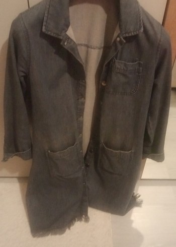 Gri Kadın Düğmeli Midi Denim Ceket - Görsel 2