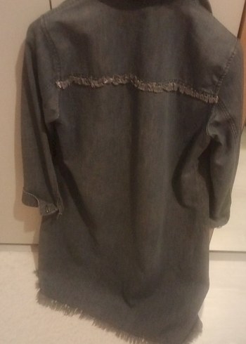 Gri Kadın Düğmeli Midi Denim Ceket - Görsel 3