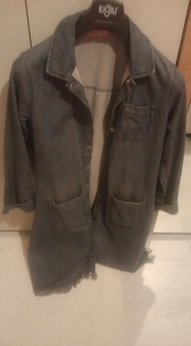 Gri Kadın Düğmeli Midi Denim Ceket - Görsel 2