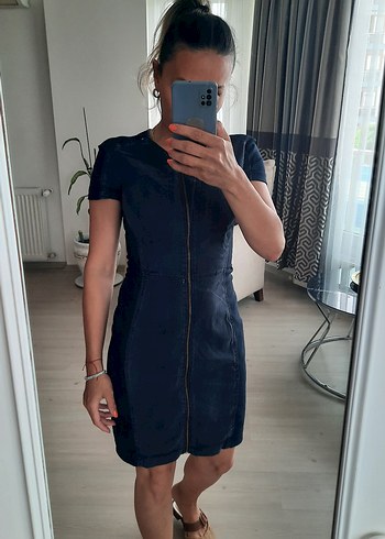 36 Beden lacivert Renk V Yaka Kısa Kollu Lacivert Denim Elbise