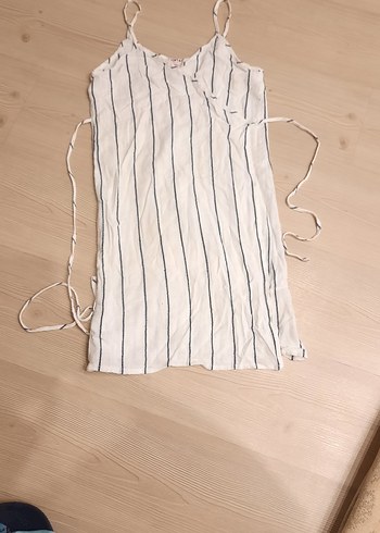 Çizgili V Yaka Keten Midi Elbise - Görsel 4