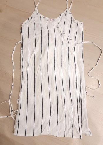 Çizgili V Yaka Keten Midi Elbise - Görsel 3