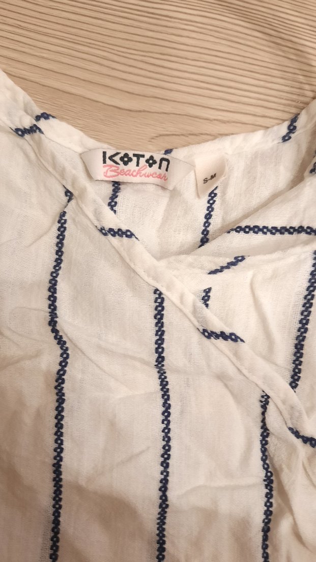 Çizgili V Yaka Keten Midi Elbise - Görsel 2