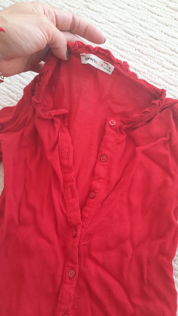 Düğmeli Kırmızı V Yaka Kadın Gömlek - Görsel 2