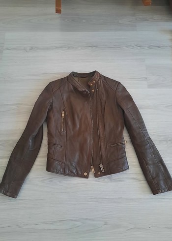 Kahverengi Deri Biker Ceket - Görsel 4