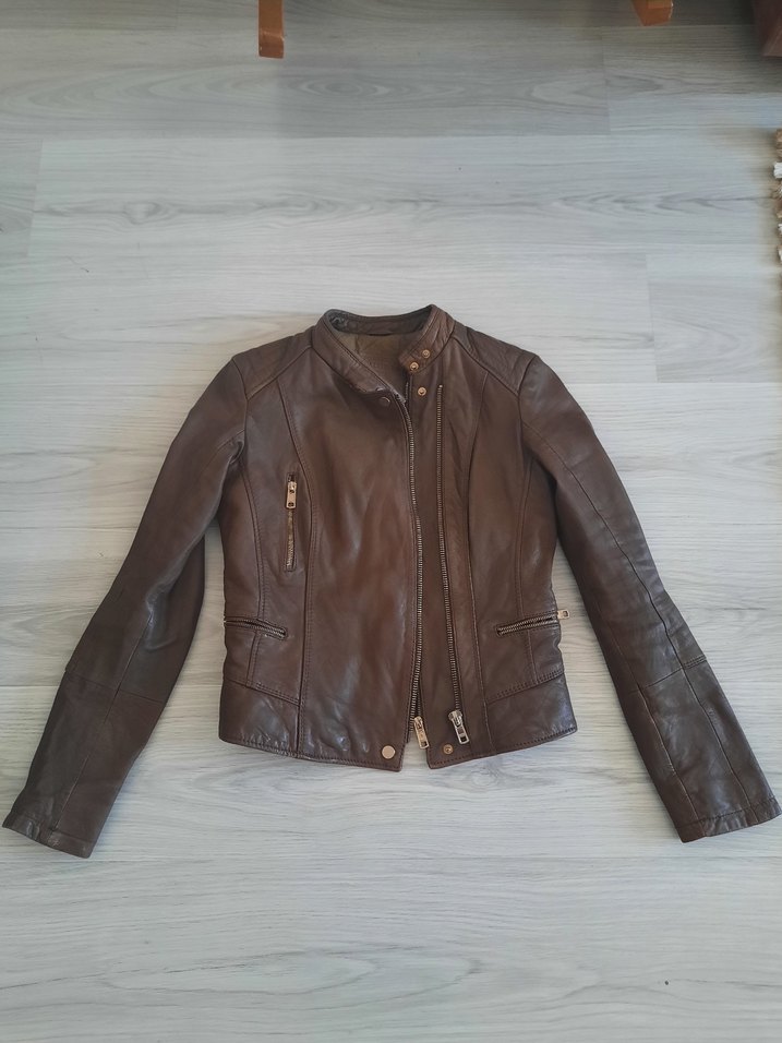 Kahverengi Deri Biker Ceket - Görsel 4