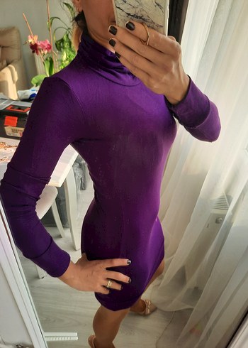 Mor Balıkçı Yaka Kadın Triko Elbise - Görsel 4