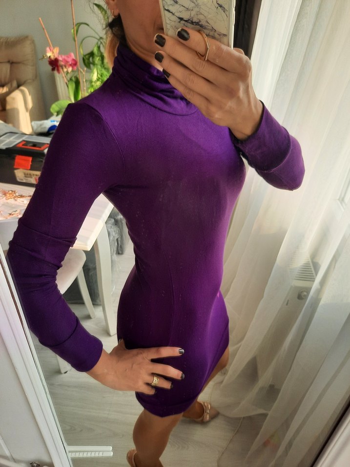 Mor Balıkçı Yaka Kadın Triko Elbise - Görsel 4