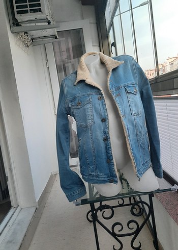 Kadın Mavi Kürklü Fit Kesim Denim Ceket - Görsel 5