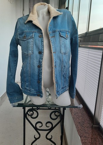 Kadın Mavi Kürklü Fit Kesim Denim Ceket - Görsel 6