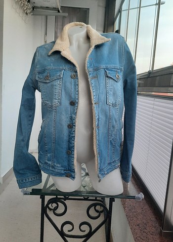 Kadın Mavi Kürklü Fit Kesim Denim Ceket - Görsel 7