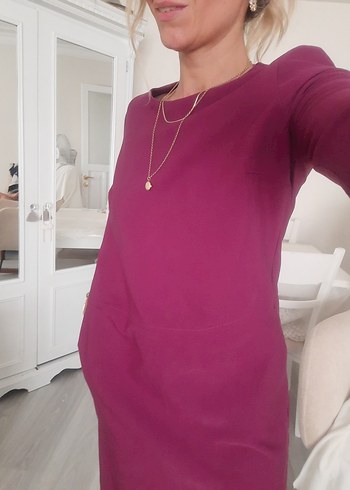 Mor V Yakalı Midi Hamile Elbisesi - Görsel 8