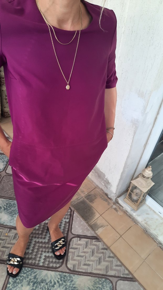 Mor V Yakalı Midi Hamile Elbisesi - Görsel 3