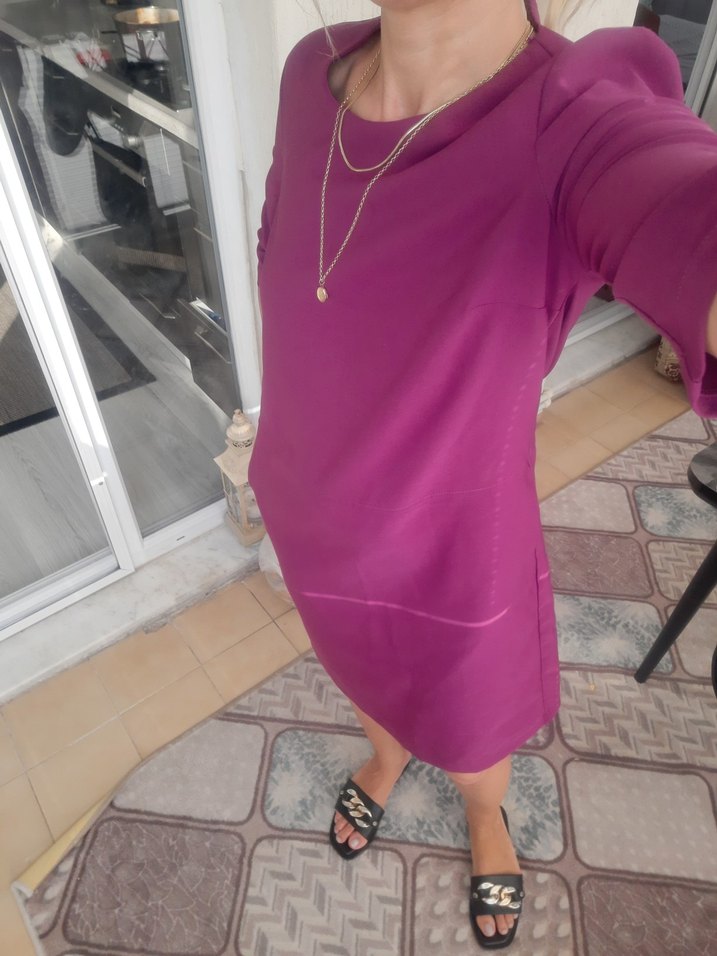 Mor V Yakalı Midi Hamile Elbisesi - Görsel 5