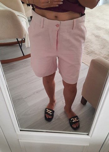 Düğmeli Pembe Kadın Bermuda Şort