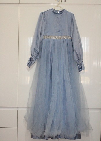 Uzun Kollu Mavi Drapeli Kadın Abiye Elbise - Görsel 2