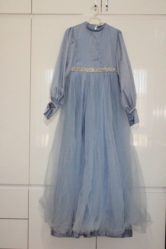 Uzun Kollu Mavi Drapeli Kadın Abiye Elbise - Görsel 2