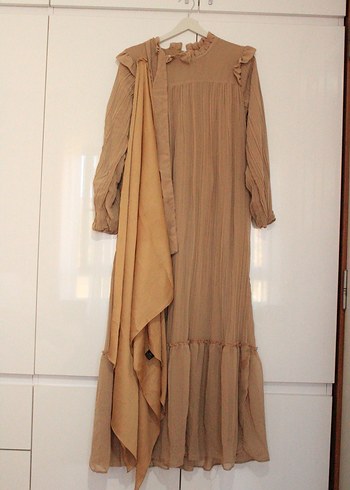 Bej Uzun Şifon Elbise - Görsel 3