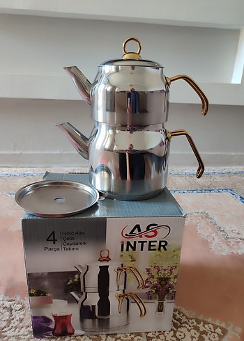 Parlak Altın Renkli 4 Parça Çaydanlık Seti