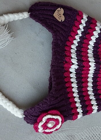 Kız çocuk beresi mor kırmızı ve beyaz örgü  - Görsel 5