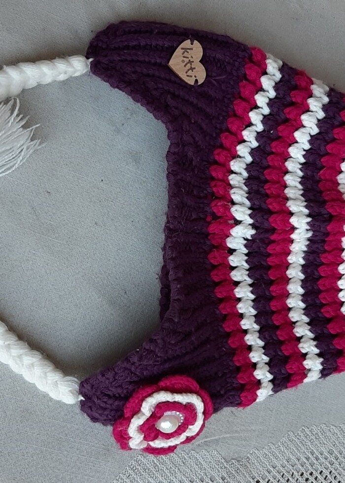 Kız çocuk beresi mor kırmızı ve beyaz örgü  - Görsel 2