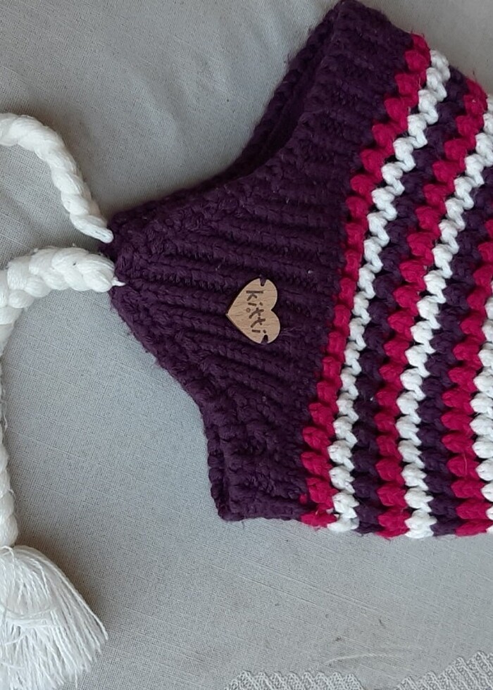 Kız çocuk beresi mor kırmızı ve beyaz örgü  - Görsel 4