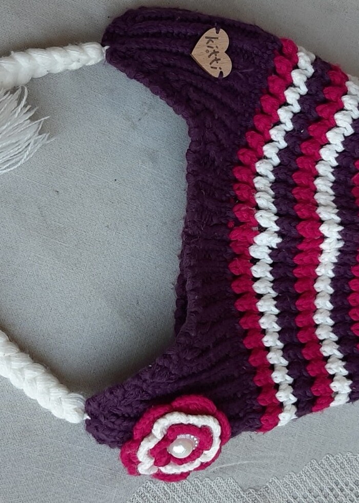 Kız çocuk beresi mor kırmızı ve beyaz örgü  - Görsel 5