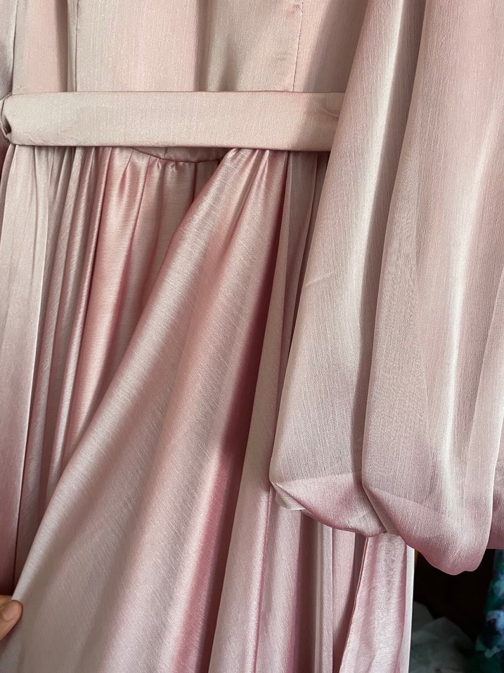 Pembe Uzun Kollu Drapeli Kadın tesettür Abiye Elbise - Görsel 4