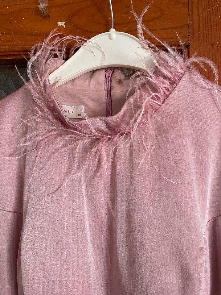 Pembe Uzun Kollu Drapeli Kadın tesettür Abiye Elbise - Görsel 2