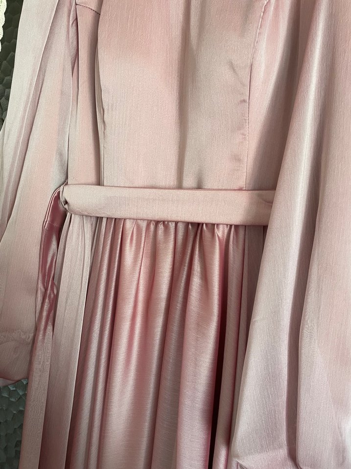 Pembe Uzun Kollu Drapeli Kadın tesettür Abiye Elbise - Görsel 3