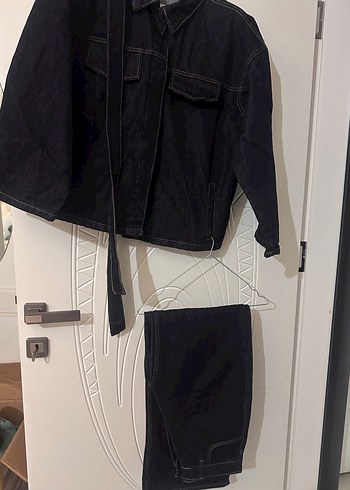 Bağlamalı lacivert ceket pantolon denim takım - Görsel 3