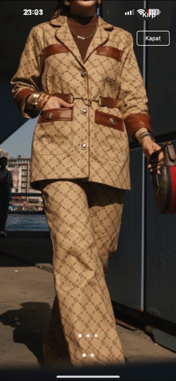 Royal desenli deri kemerli ikili takım ceket pantolon - Görsel 2