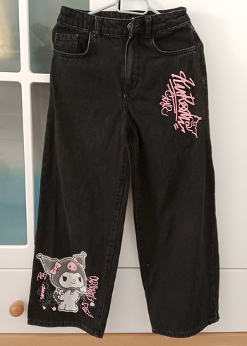 Pembe Baskılı Siyah Midi Kot Pantolon