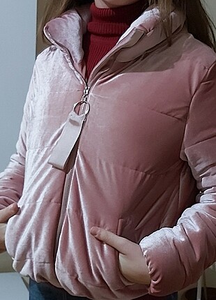 Pembe kadife S-M beden puffer mont