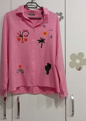 Nakışlı Pembe Kadın Bohem Gömlek