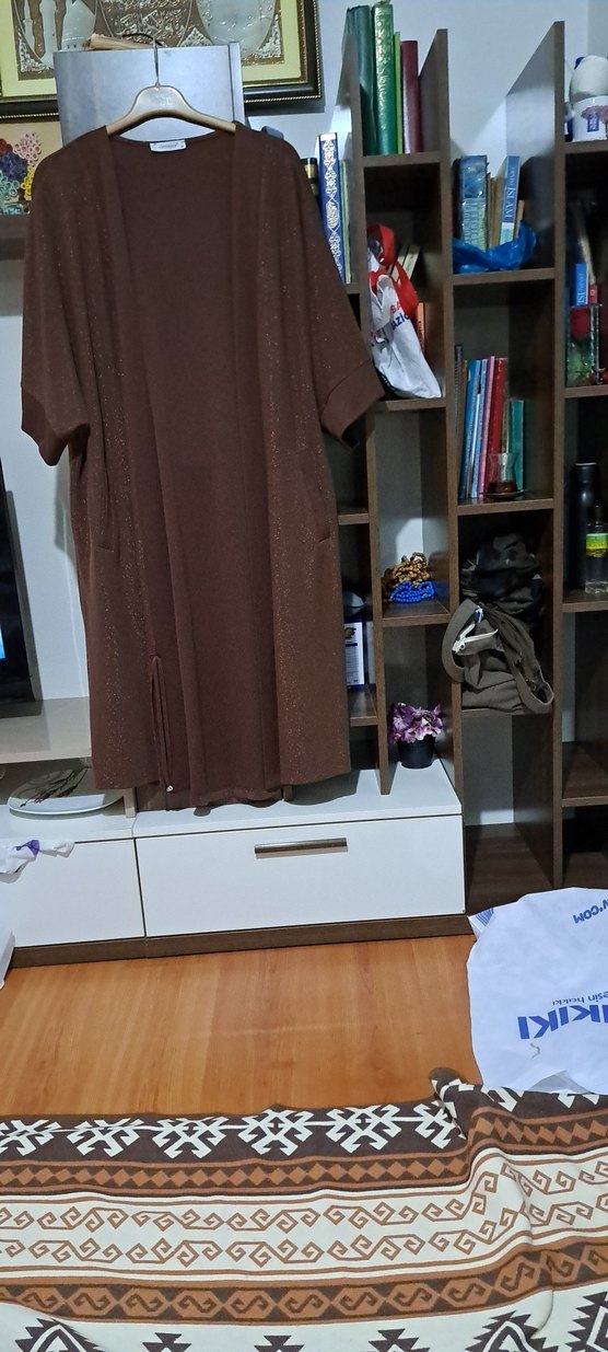 Uzun Kollu Kahverengi Salaş Kadın Elbise - Görsel 3