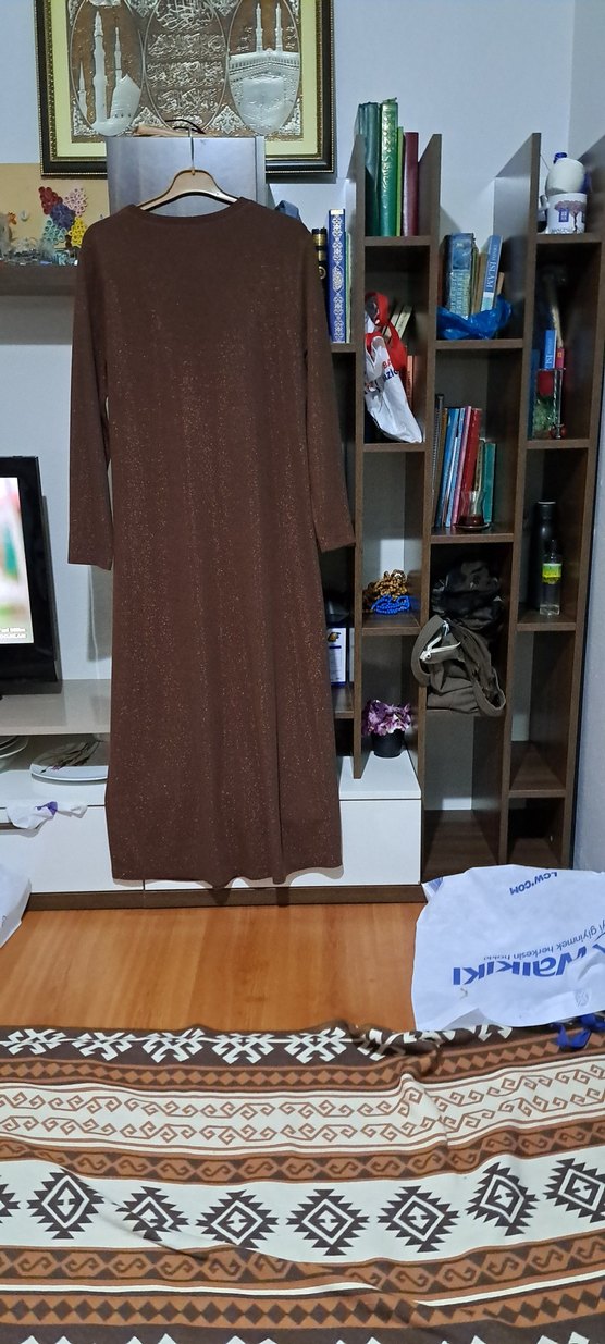 Uzun Kollu Kahverengi Salaş Kadın Elbise - Görsel 2