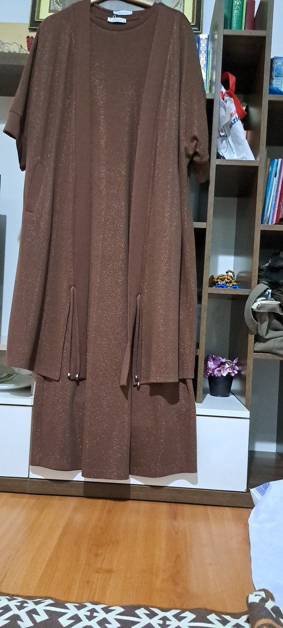 Uzun Kollu Kahverengi Salaş Kadın Elbise - Görsel 5