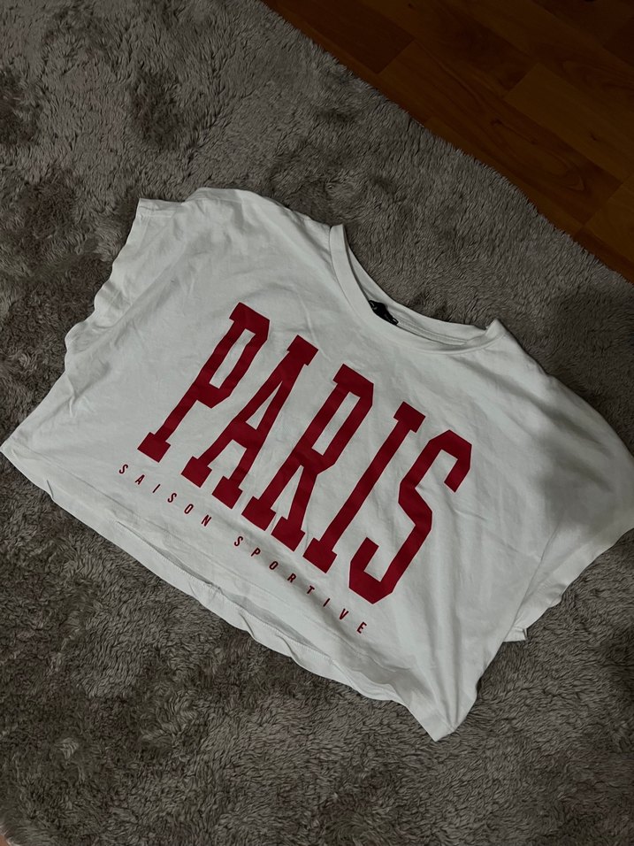 Paris yazılı kısa crop tişört - Görsel 2