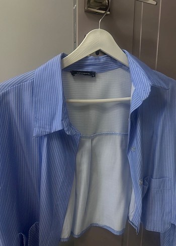 Mavi Düğmeli Uzun Kollu Keten Gömlek - Görsel 2