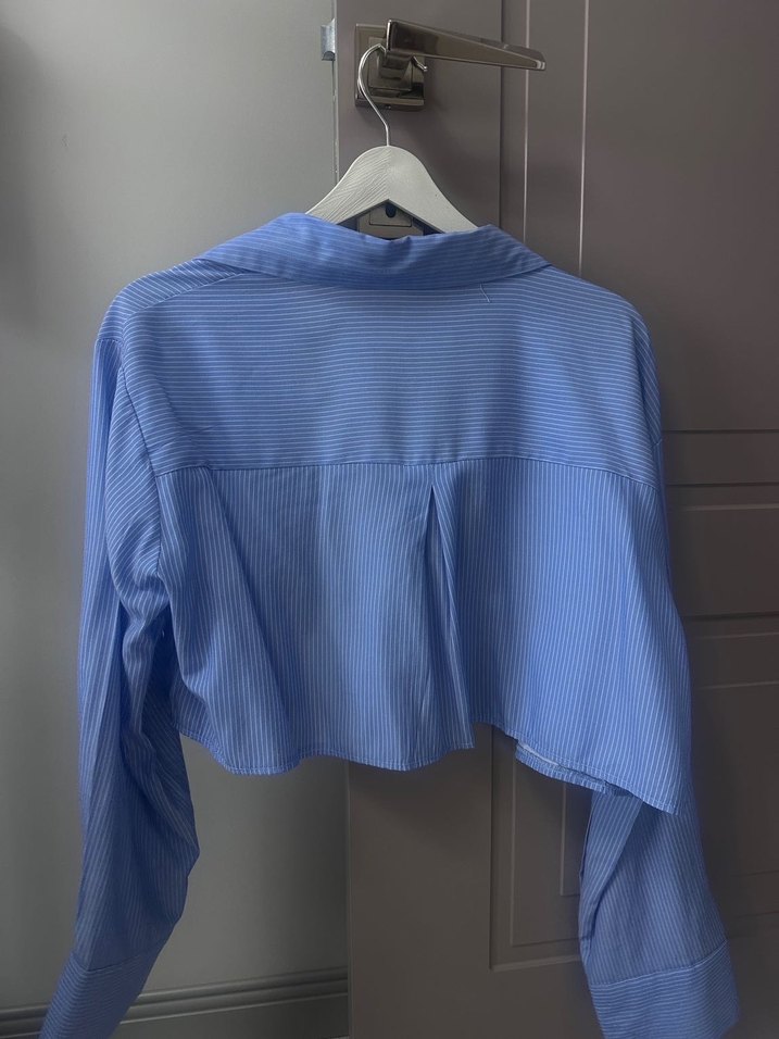 Mavi Düğmeli Uzun Kollu Keten Gömlek - Görsel 3