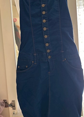 Düğmeli Mavi mini strablez elbıse s beden - Görsel 3